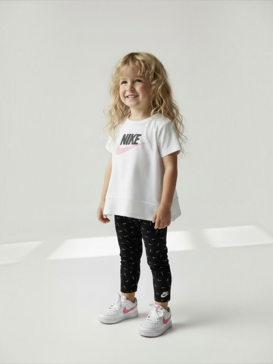 Set 2 piese Nike - tricou alb si colanti sport negri cu logo imrpimat