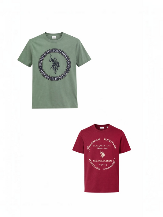 Set 2 tricouri U.S. Polo Assn. - verde kaki si burgundy cu logo central circular