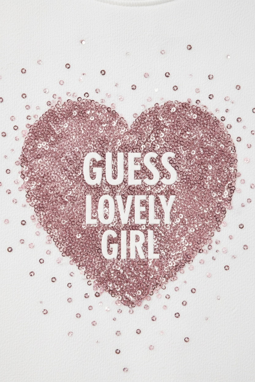 Rochie Guess fete tip pulover, Albă cu volan roz și imprimeu inimă sclipitoare
