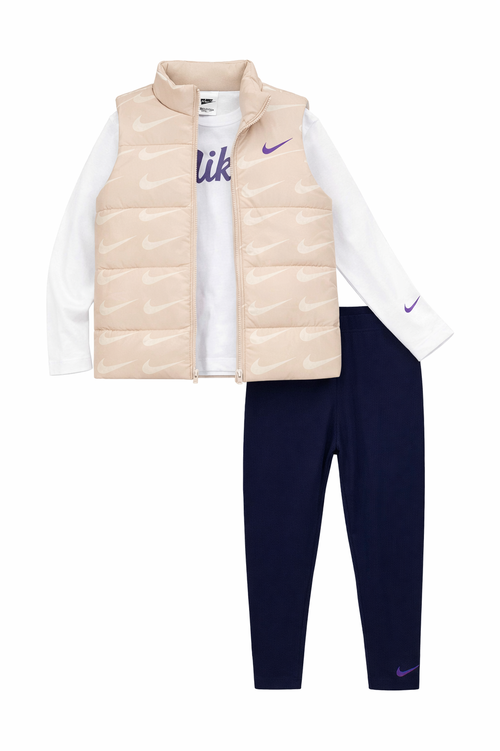 Set Nike fete 3 piese: Vestă crem matlasată, Bluză albă și Colanți negri