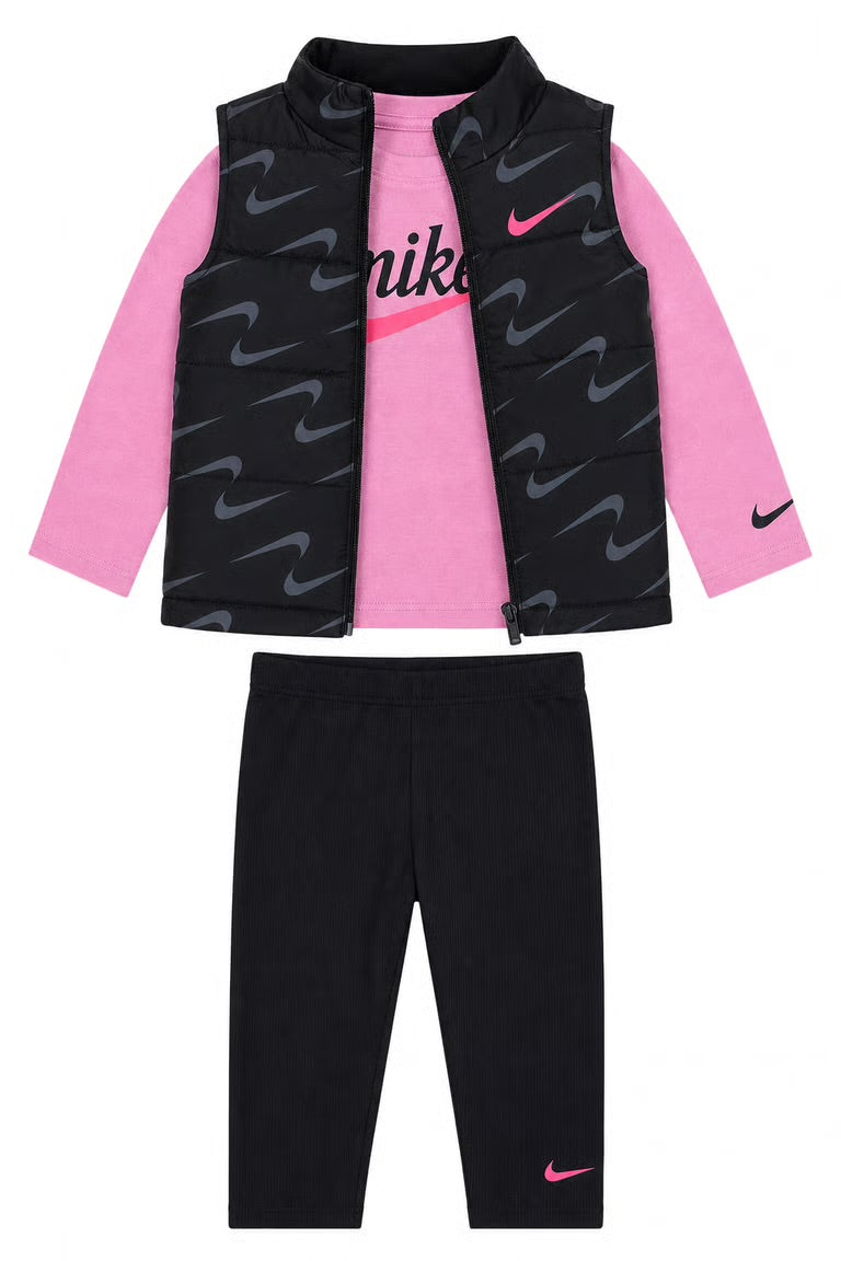 Set Nike fete, 3 piese: Vestă crem matlasată, Bluză albă și Colanți negri