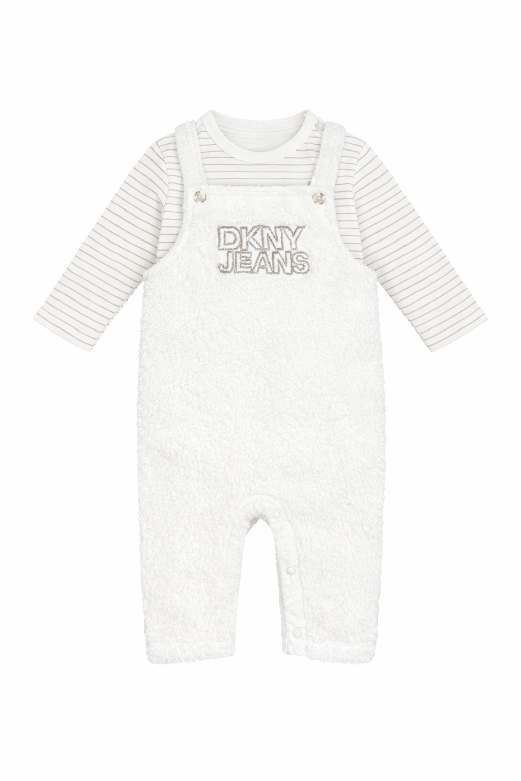 Set bebeluși DKNY, salopetă albă elegantă și body interior