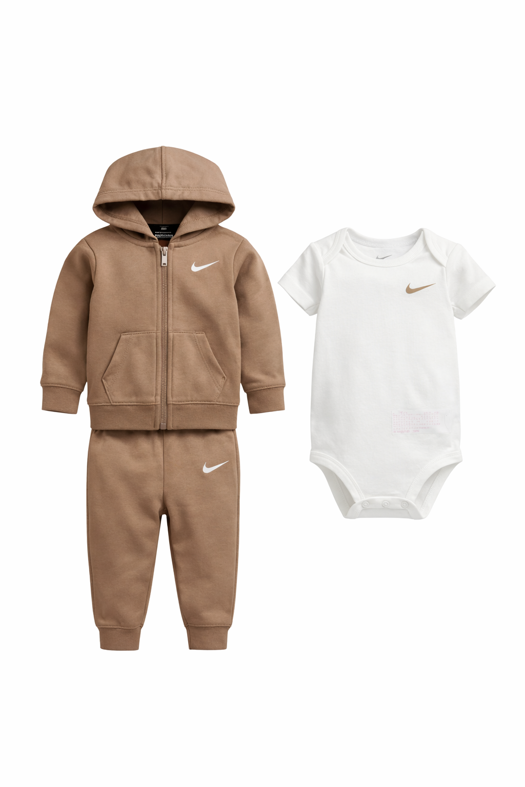 Set complet bebeluși Nike, 3 piese - hanorac maro, pantaloni si body alb