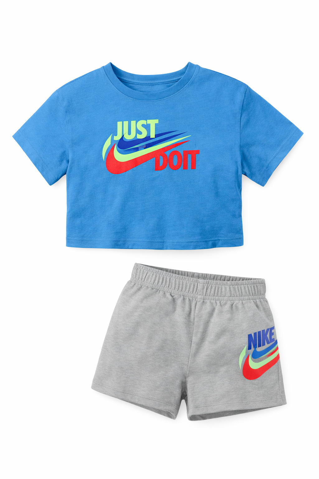 Set de vară Nike copii, tricou albastru cu grafică și pantaloni scurți gri