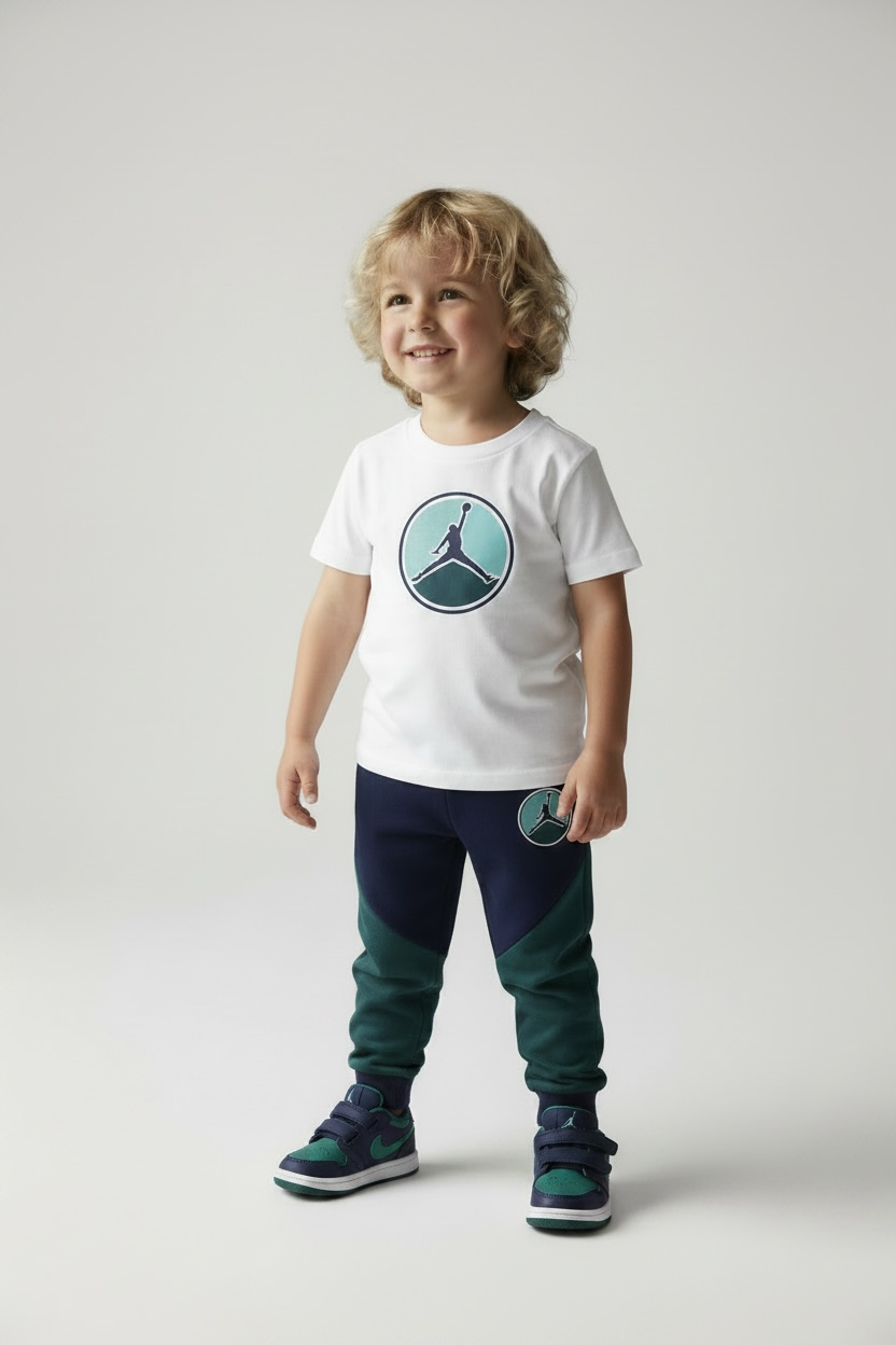 Trening Jordan copii, set tricou alb și pantaloni sport verde închis