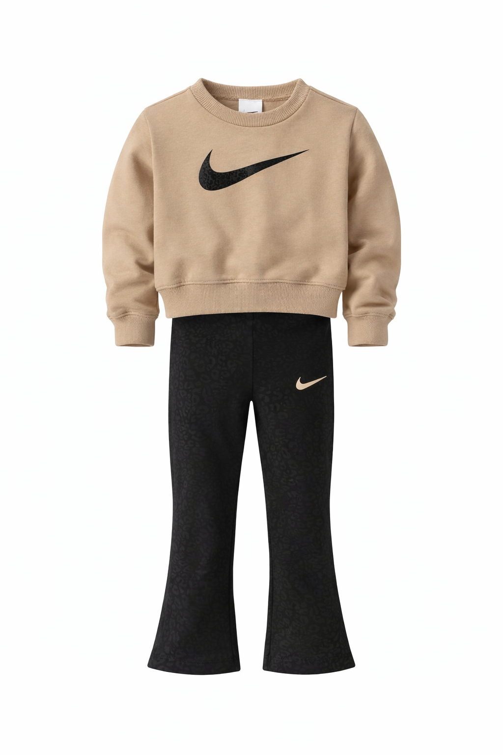 Trening Nike copii, set hanorac crem cu logo și colanti sport negri