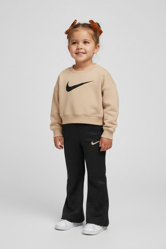 Trening Nike copii, set hanorac crem cu logo și colanti sport negri